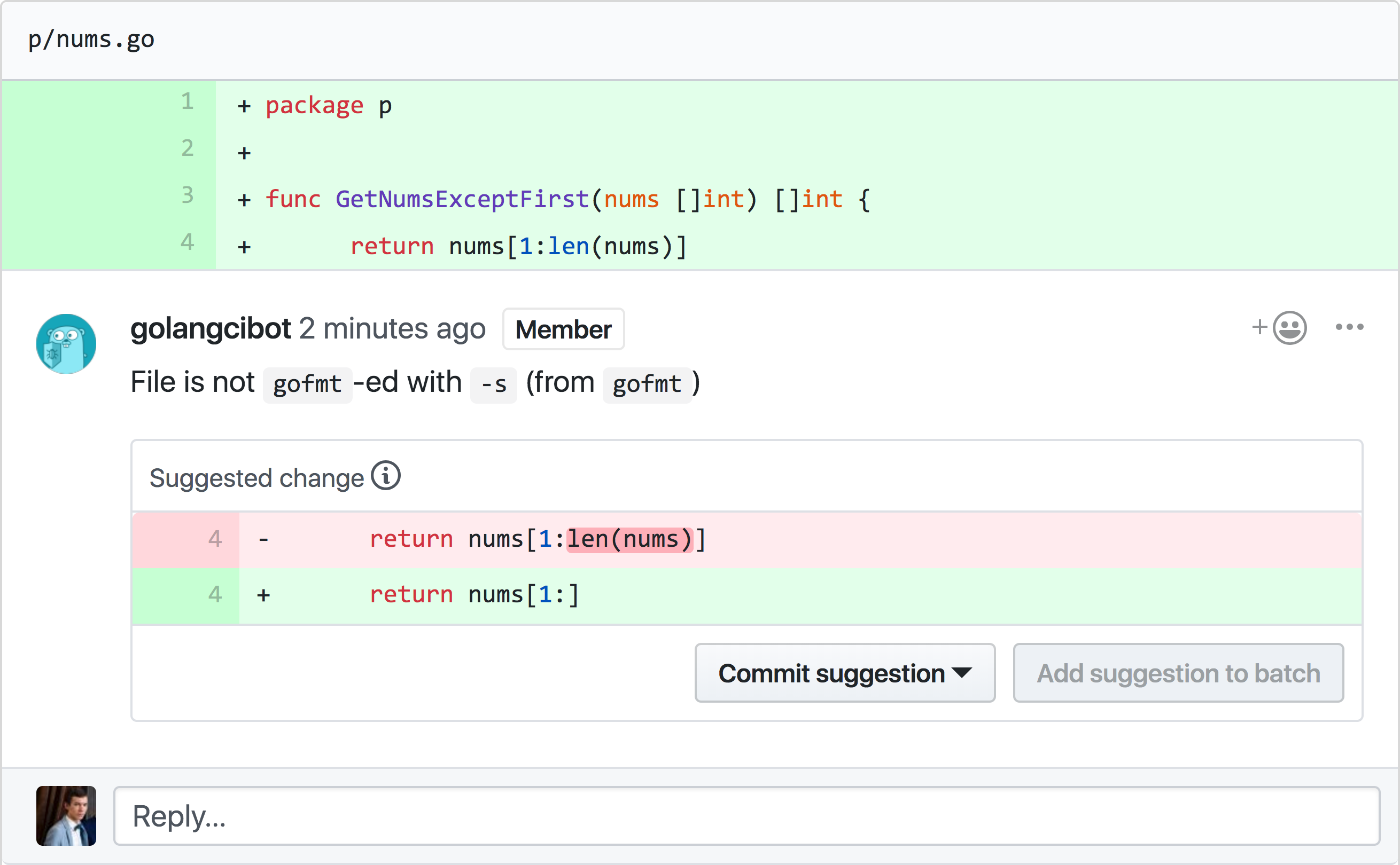 GolangCI suggested changes in GitHub Pull Requests